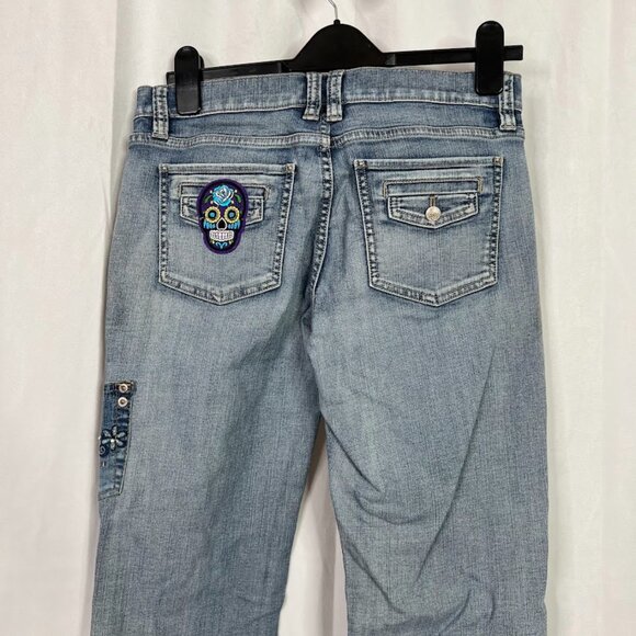 White House Black Market Noir Custom Day of the Dead Inspired Flare Jeans 6R - Picture 6 of 14